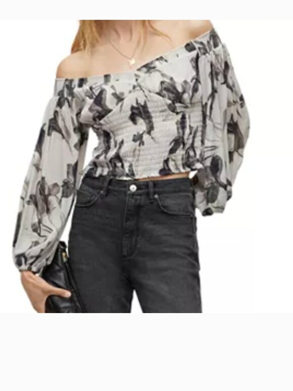 AllSaints Off-Shoulder Smocked Floral Blouse in White and Black
